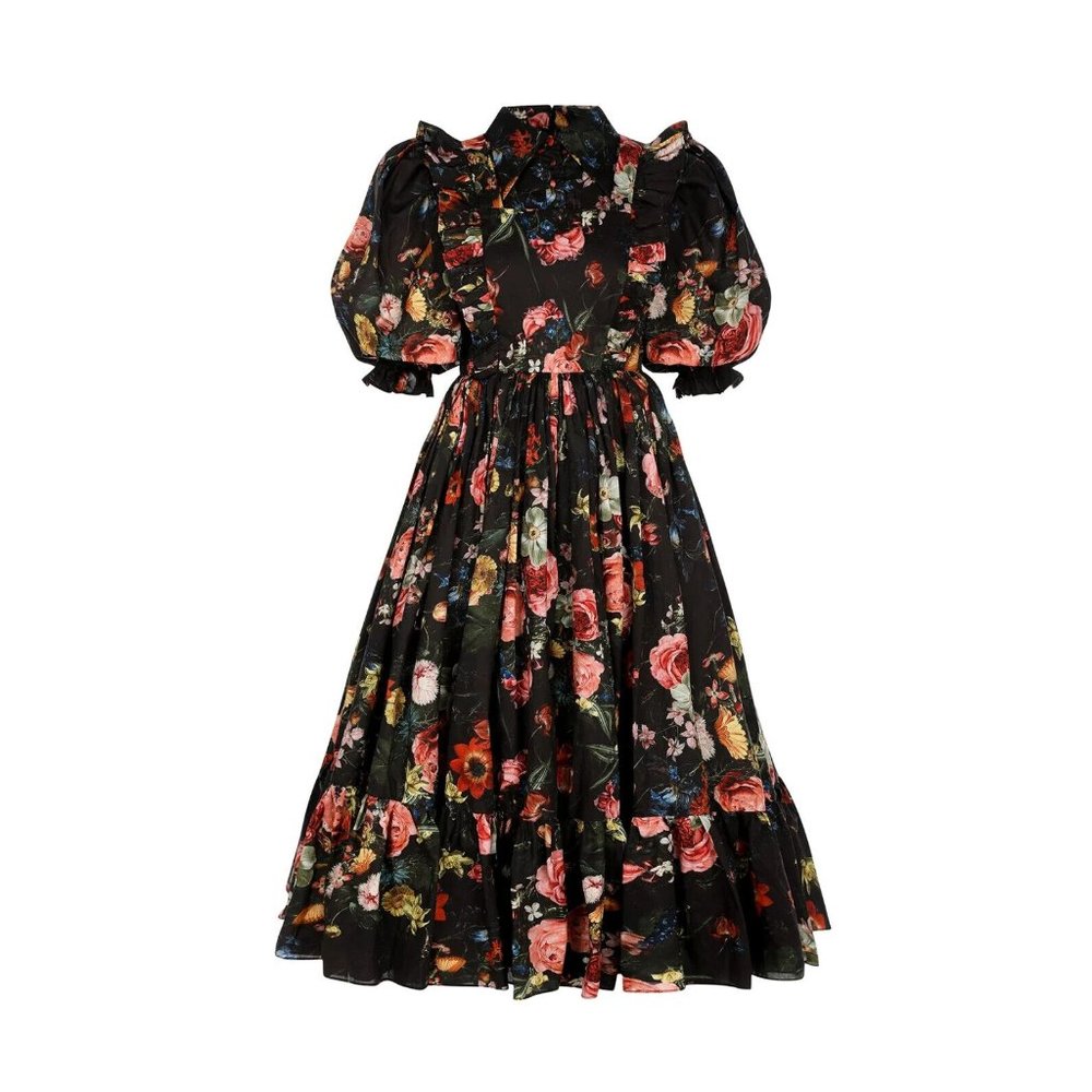 NWOT Selkie The Nightcap French Storybook in Black Floral Cotton Midi Dress 2X